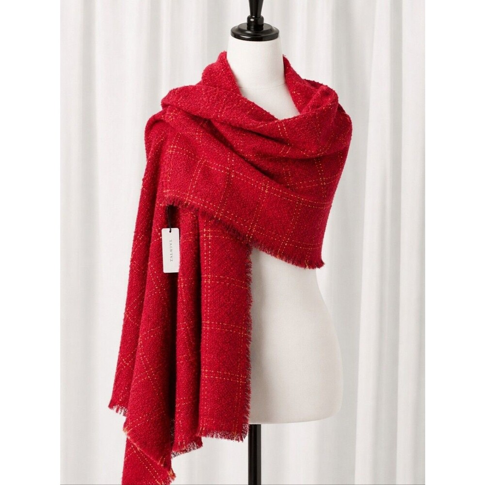 Talbots Red Pop Gold Metallic Windowpane Fringe Edge Obersized Wrap Scarf Shawl